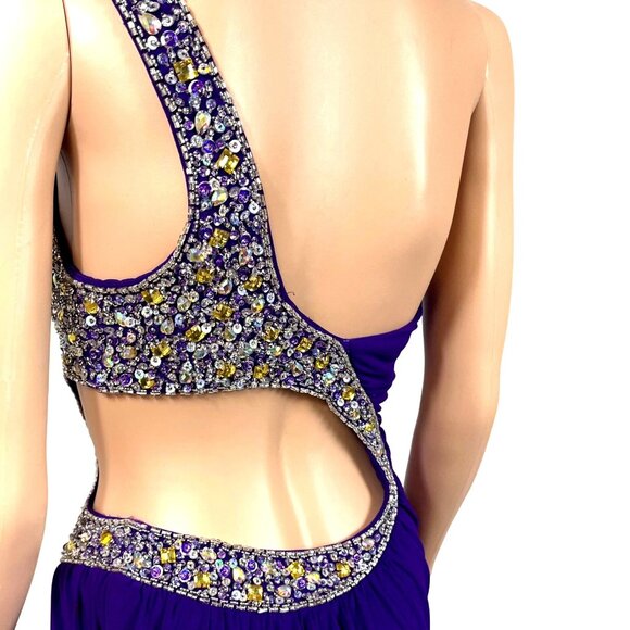 Evenings by Allure One-Shoulder Purple Evening Gown w/ Beaded  Side Back Cutout - Picture 11 of 12